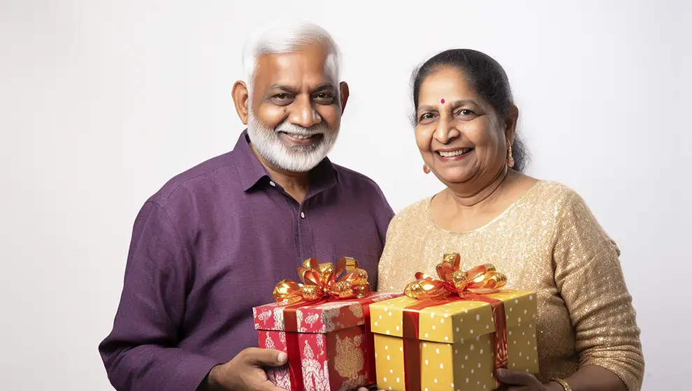 A man and a woman holding two wrapped presents